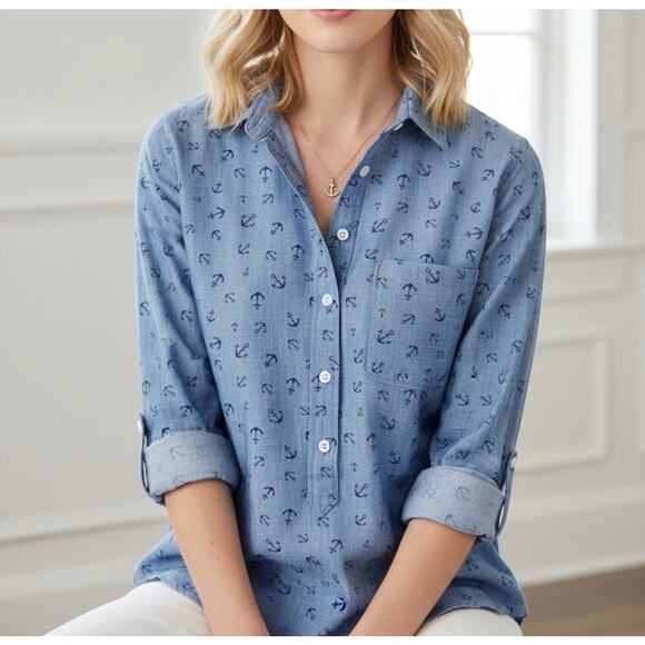 J. Crew Tops - J Crew chambray anchors button-up top Sz XS Preppy Beach Coastal Roomy Cotton